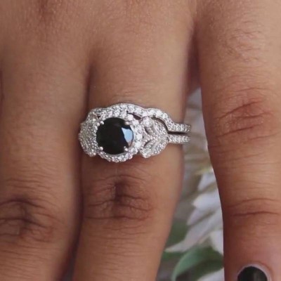 Round Cut Black Sapphire 925 Sterling Silver Halo Bridal Sets