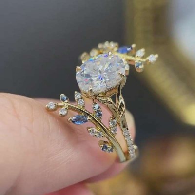Yellow Gold Art Deco Oval Cut White Sapphire Sterling Silver Leaf Bridal Sets