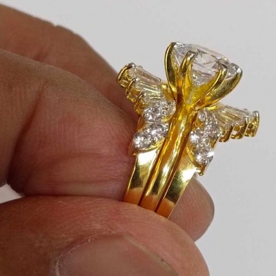 Art Deco Yellow Gold Round Cut White Sapphire Sterling Silver Cluster Bridal Sets