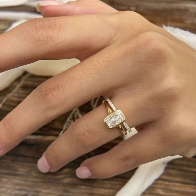 Yellow Gold Radiant Cut White Sapphire Sterling Silver Bezel Bridal Sets