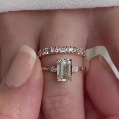 Yellow Gold Emerald Cut White Sapphire 925 Sterling Silver Bridal Sets