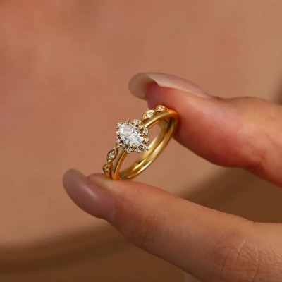 Vintage Yellow Gold Oval Cut White Sapphire 925 Sterling Silver Bridal Sets