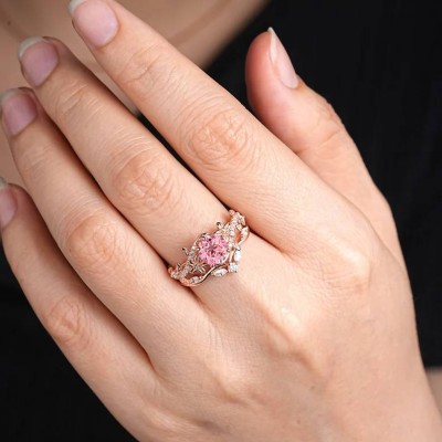 Rose Gold Round Cut Pink Sapphire 925 Sterling Silver Leaf Inspired Bridal Sets