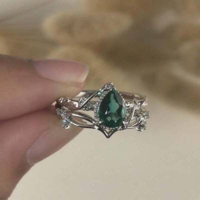 Vintage Pear Cut Emerald 925 Sterling Silver Leaf Bridal Sets