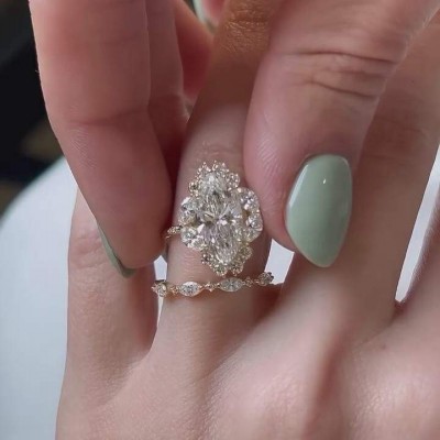 Yellow Gold Marquise Cut White Sapphire 925 Sterling Silver Halo Bridal Sets