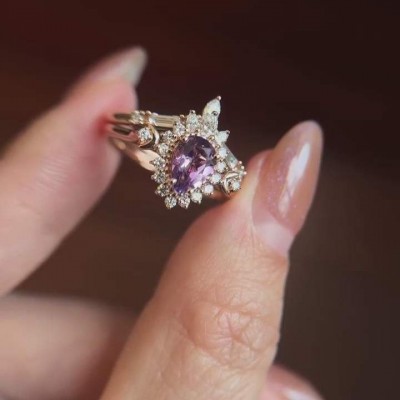 Rose Gold Pear Cut Amethyst 925 Sterling Silver Halo Bridal Sets