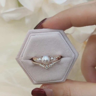 Rose Gold Art Deco Round Pearl 925 Sterling Silver Bridal Sets