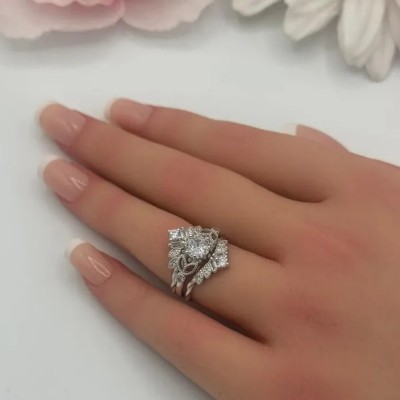 Art Deco Round Cut White Sapphire 925 Sterling Silver 3-Piece Bridal Sets