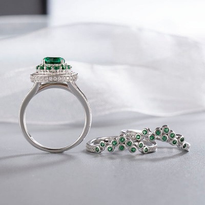 Art Deco Round Cut Emerald Coral Cluster 925 Sterling Silver Halo 3-Piece Ring Sets