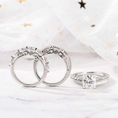 Cushion Cut White Sapphire Sterling Silver 3-Piece Stackable Wedding Ring Sets