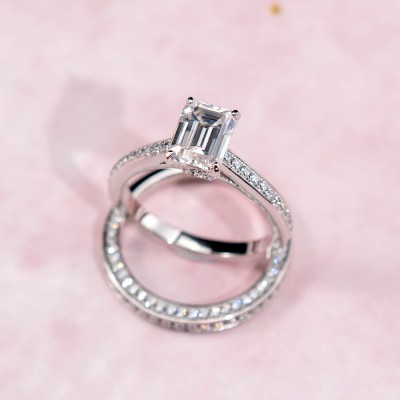 Emerald Cut White Sapphire 925 Sterling Silver Solitaire Bridal Sets For Women