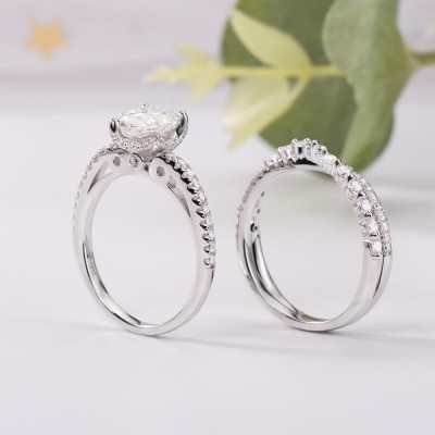 Unique Pear Cut White Sapphire Sterling Silver Solitaire Bridal Ring Sets