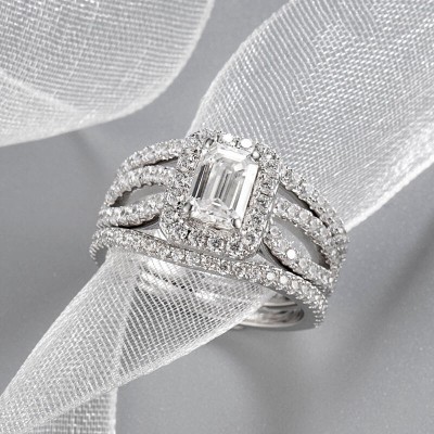 Emerald Cut White Sapphire 925 Sterling Silver 3-Piece Halo Bridal Sets