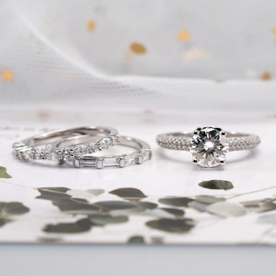 Round Cut White Sapphire Sterling Silver Stacking 3 Pieces Wedding Ring Sets