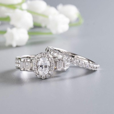 Vintage Oval Cut White Sapphire Sterling Silver Halo Bridal Sets