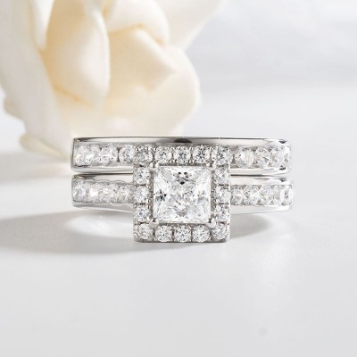 Princess Cut White Sapphire 925 Sterling Silver Halo Bridal Sets