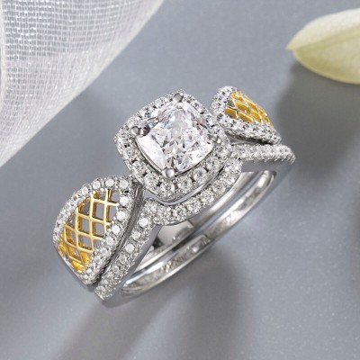 Cushion Cut White Sapphire Sterling Silver Two-Tone Halo Bridal Sets