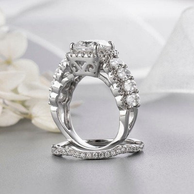 Cushion Cut White Sapphire Sterling Silver 2 Piece Halo Bridal Sets