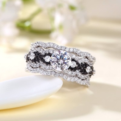 Round Cut White & Black Sapphire Sterling Silver 3-Piece Bridal Sets