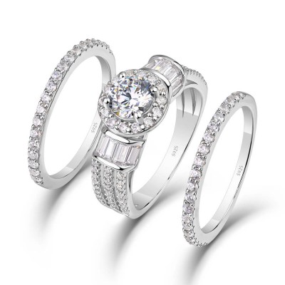 Round Cut White Sapphire 925 Sterling Silver Halo 3-Piece Bridal Sets