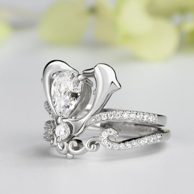 Pear Cut White Sapphire Dolphin Wave Playing Sterling Silver Ring Sets