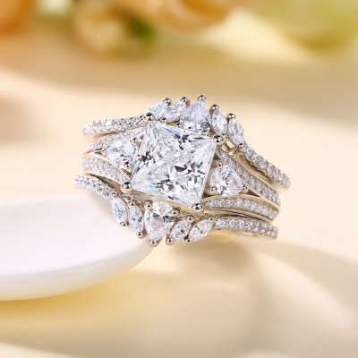 Princess Cut White Sapphire Sterling Silver Three Stone 3-Piece Wedding Ring Sets
