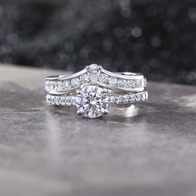 Round Cut White Sapphire 925 Sterling Silver Curved Bridal Sets