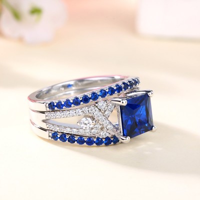 Princess Cut Blue Sapphire 925 Sterling Silver 3-Piece Bridal Sets