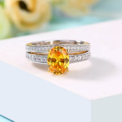 Oval Cut Yellow Topaz 925 Sterling Silver Two-Tone Bridal Sets