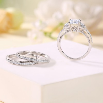 Princess Cut White Sapphire Sterling Silver 3-Stone Trio Bridal Ring Sets