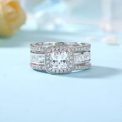 Cushion Cut White Sapphire 925 Sterling Silver Insert Halo Bridal Sets