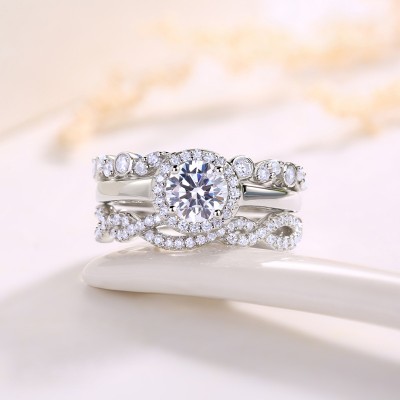 Round Cut White Sapphire 925 Sterling Silver Stackable 3-Pieces Ring Sets