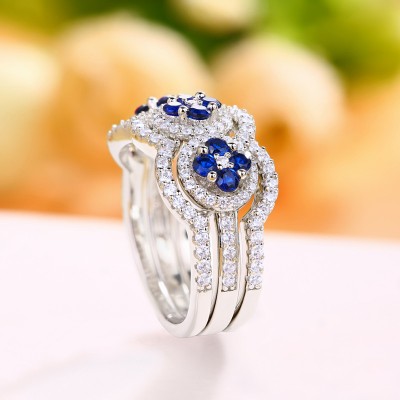Round Cut Blue Sapphire 925 Sterling Silver Floral Three Stones Bridal Sets