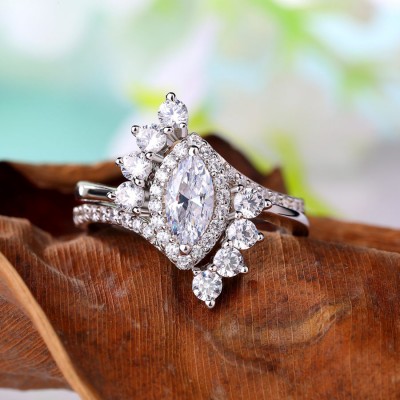 Marquise Cut White Sapphire 925 Sterling Silver Halo Insert Bridal Sets