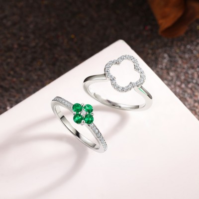 Round Cut Emerald 925 Sterling Silver Clover Insert Bridal Sets