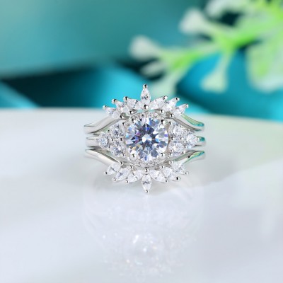 Round Cut White Sapphire 925 Sterling Silver Flower Enhanced 3-Piece Bridal Sets