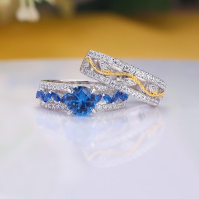 Gorgeous Round Cut Blue Sapphire 925 Sterling Silver Bridal Sets