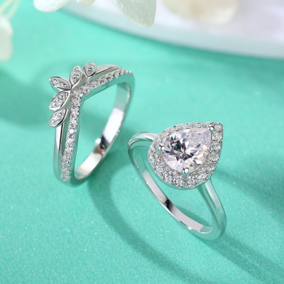 Pear Cut White Sapphire Sterling Silver Halo Ring Sets