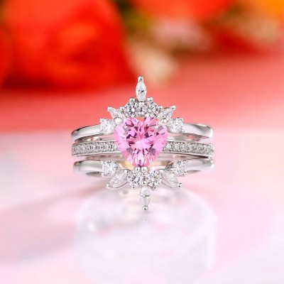 Heart Cut Pink Sapphire Insert Sterling Silver Jacket Bridal Sets