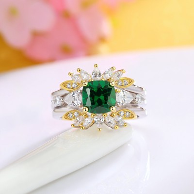 Cushion Cut Emerald Insert 925 Sterling Silver Enhanced Bridal Sets