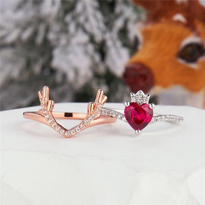 Rose Gold Heart Cut Ruby 925 Sterling Silver Deer Antler Bridal Sets