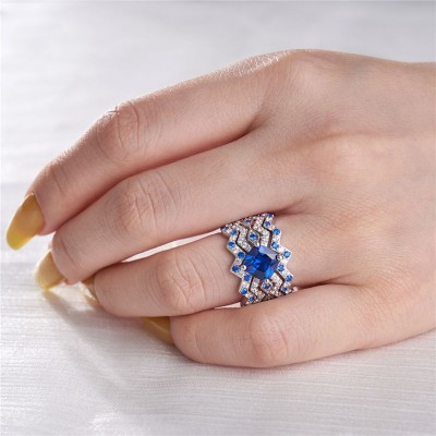 Vintage Cushion Cut Blue Sapphire Sterling Silver 3-Piece Bridal Sets