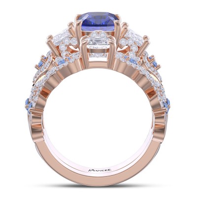 Rose Gold Art Deco Cushion Cut Blue Sapphire 925 Sterling Silver Bridal Sets