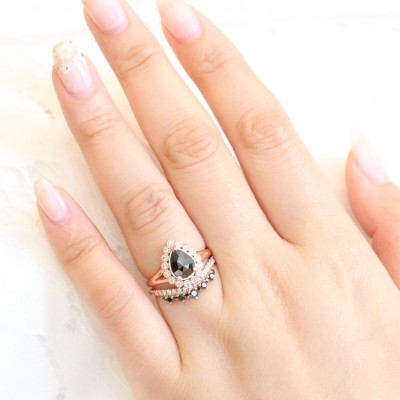 Rose Gold Pear Cut Black Sapphire Sterling Silver Halo Bridal Sets
