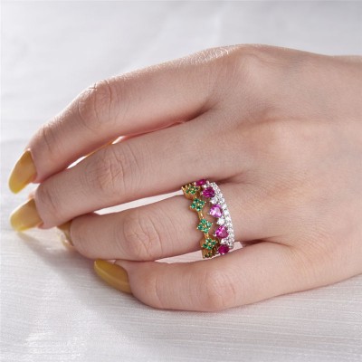  Pink Sapphire and Emerald Sterling Silver 3-Piece Stackable Bands Set