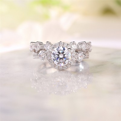 Round Cut White Sapphire 925 Sterling Silver Halo Bridal Sets