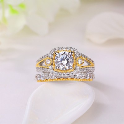 Round Cut White Sapphire 925 Sterling Silver Two Tone Halo Bridal Sets