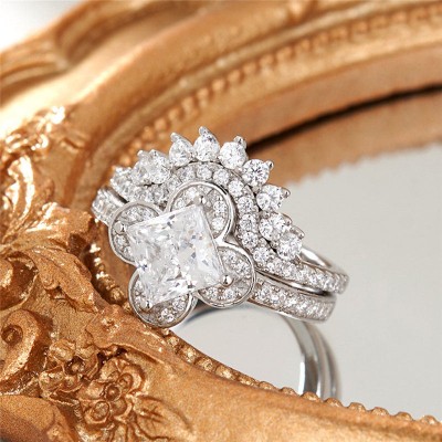 Princess Cut White Sapphire 925 Sterling Silver Crown Bridal Sets