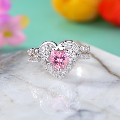 Heart Cut Pink Sapphire 925 Sterling Silver Angel Wings Bridal Sets