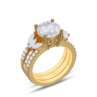 Yellow Gold Round Cut White Sapphire 925 Sterling Silver Three Stone Bridal Sets
